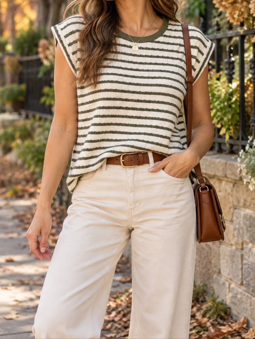 MyStyle Olive Cream Striped Knit Tank Top Cotton Blend Coastal Preppy Casual